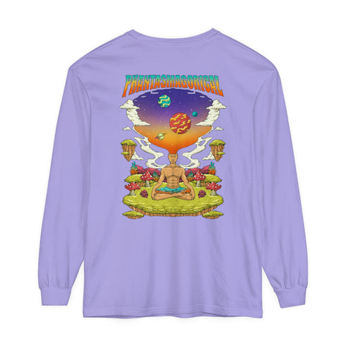 Back print long sleeve streetwear tee with a vintage aesthetic, perfect for festivals and skaters.